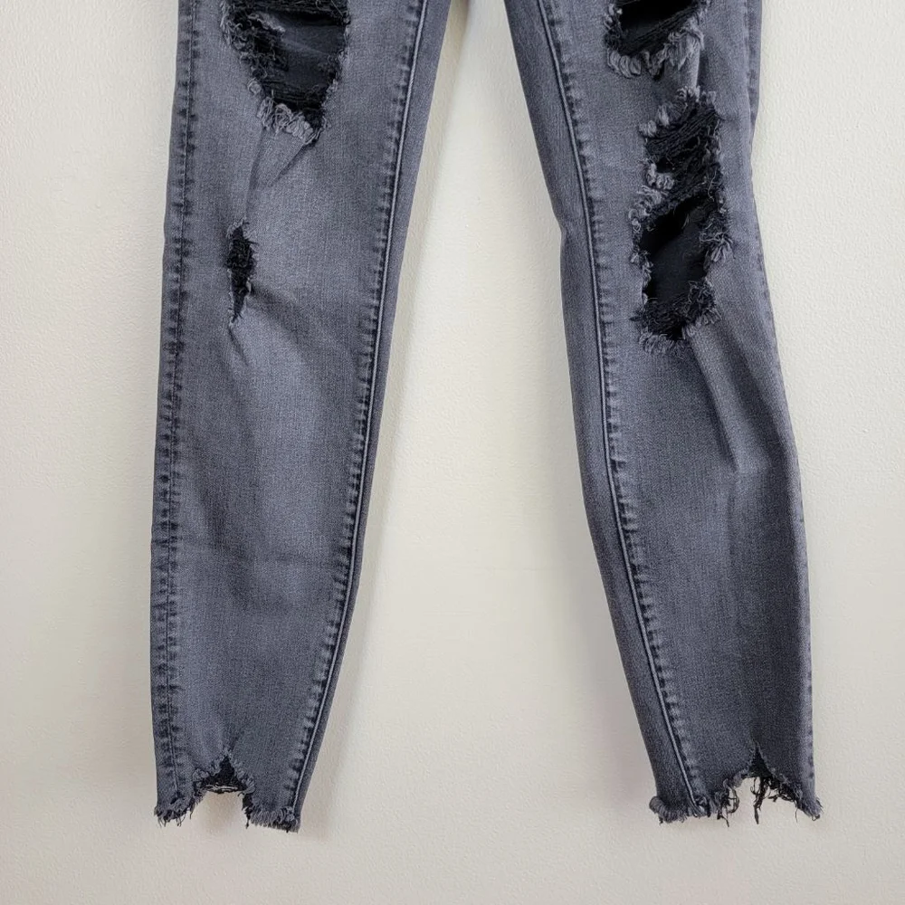American Eagle Hi Rise Jegging Skinny Jeans Distressed Chewed Raw Black AE 4